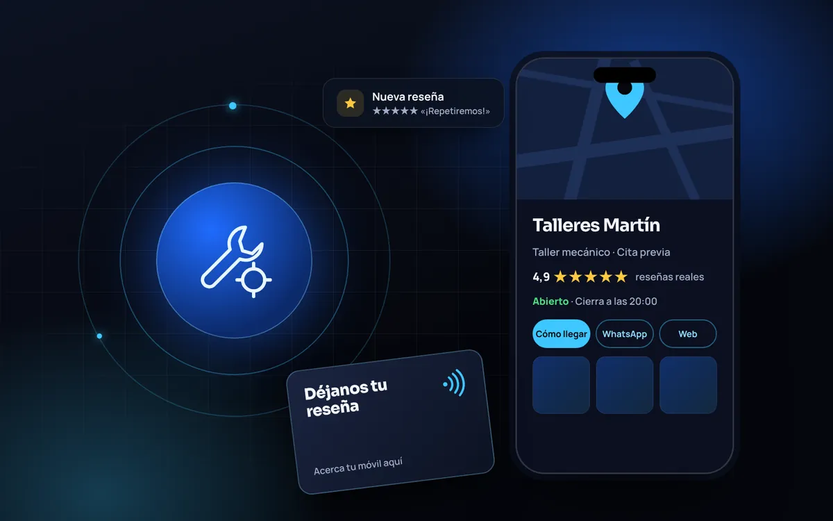 Ilustración: ficha de Google de un negocio de talleres y reformas con valoraciones y una tarjeta NFC para dejar reseñas